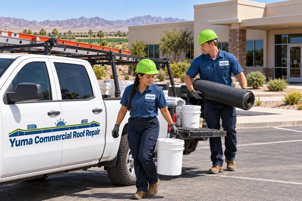 Two roofers unloading a membrane roll and buckets from a work truck beside an office building