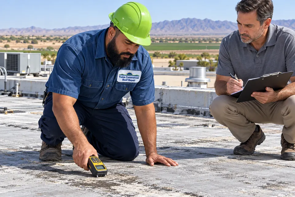 Roofer taking a moisture meter reading on a flat roof while a facility manager takes notes