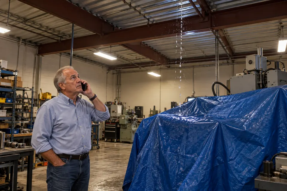 Shop manager on the phone beside machinery covered with a tarp under a roof leak