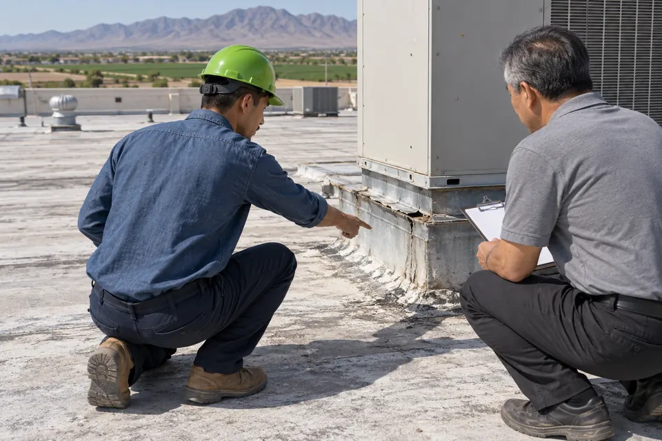 Roofer pointing to a cracked seal at a rooftop unit curb while a manager takes notes