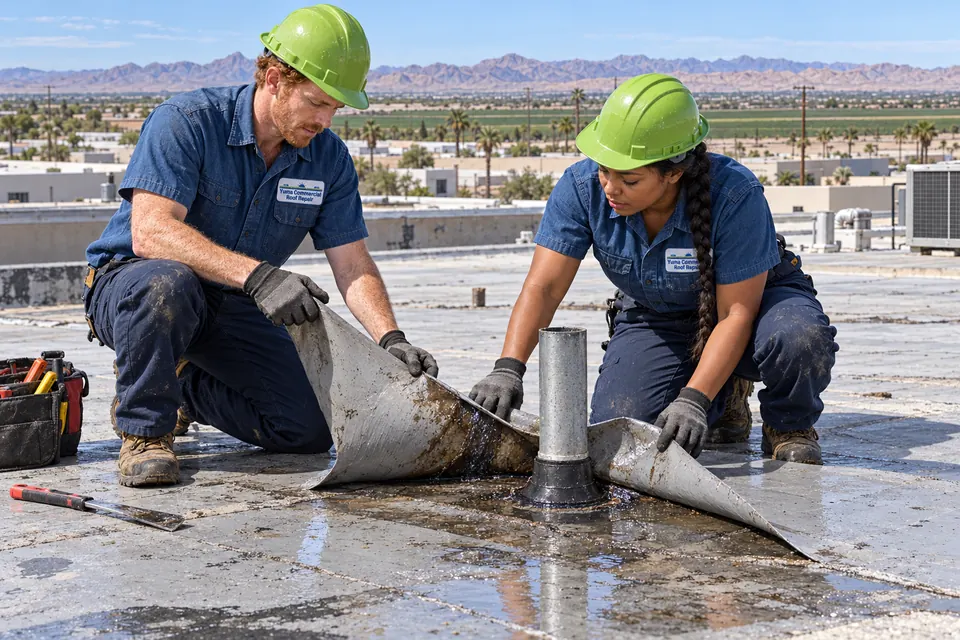 Two roofers rebuilding flashing around a pipe penetration on a wet flat roof