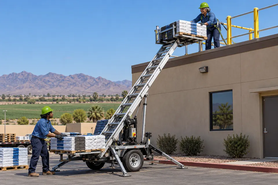 Ladder hoist lifting insulation boards to the roof edge of a commercial building