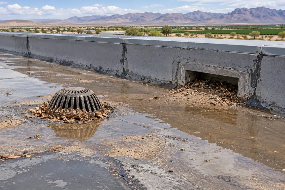 Roof drain and scupper packed with sand and debris beside standing water