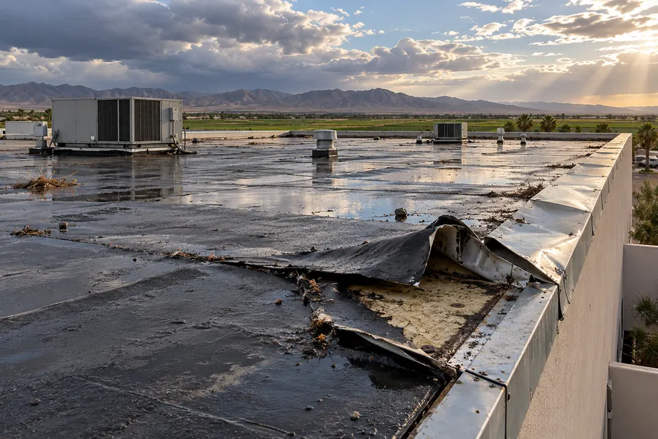 Torn edge metal and lifted membrane at the corner of a flat roof after a storm